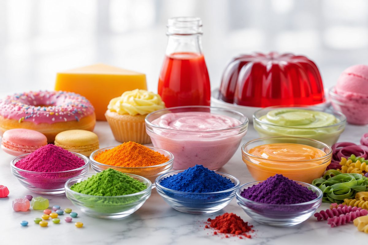 Taças com pigmentos naturais coloridos e alimentos com cores vibrantes