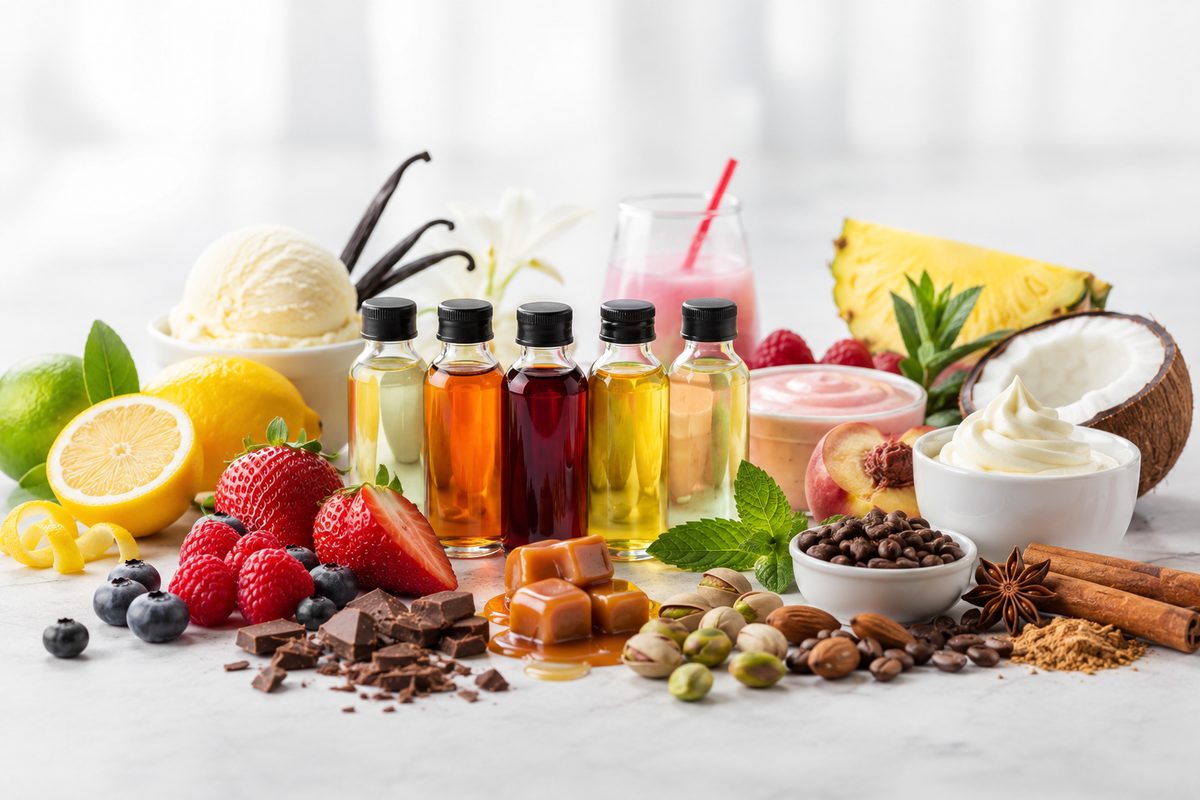 Frutas, especiarias e frascos de aromas naturais
